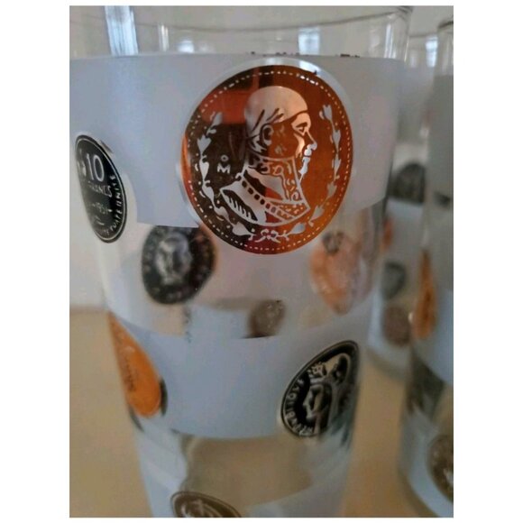 Set Of 7 Vintage Frosted Coin Design High Ball BarGlasses 22 kt Gold Rim Display - Picture 6 of 6